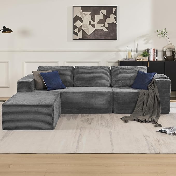106" Modular Sectional Sofa with L-Shape Chaise, Right/Left Facing Deep Seat Cloud Couch, No Assembly Required, Upholstered Couch for Living Room Bedroom (Plush Corduroy Fabric, Grey)