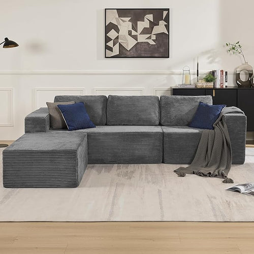 106" Modular Sectional Sofa with L-Shape Chaise, Right/Left Facing Deep Seat Cloud Couch, No Assembly Required, Upholstered Couch for Living Room Bedroom (Plush Corduroy Fabric, Grey)
