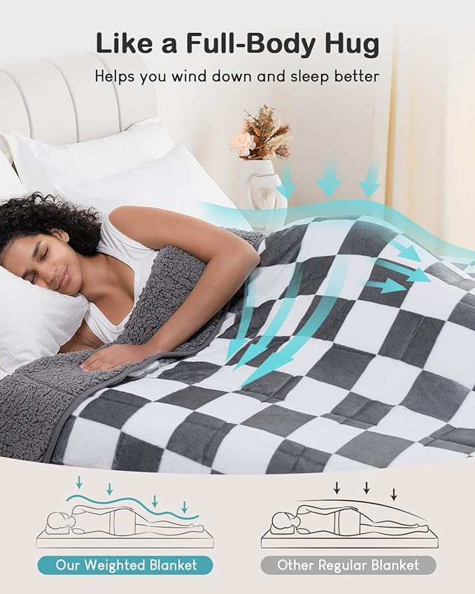 Cottonblue Checkerboard Weighted Blanket for Adults Queen Size 20 lbs 60" x 80", Fluffy Sherpa Flannel Heavy Weighted Throw Blankets for Bed Couch Sofa, Ultra Soft Cozy Bed Blanket, Plaid Grey