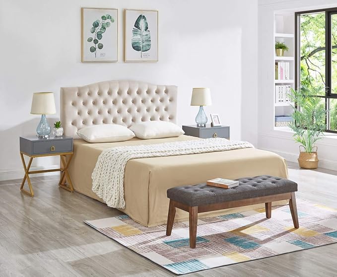 24KF Linen Upholstered Buttons Tufted Entryway Bench with Solid Wood Leg,Bed Bench Ottoman with Padded Seat,5034-Dark Gray