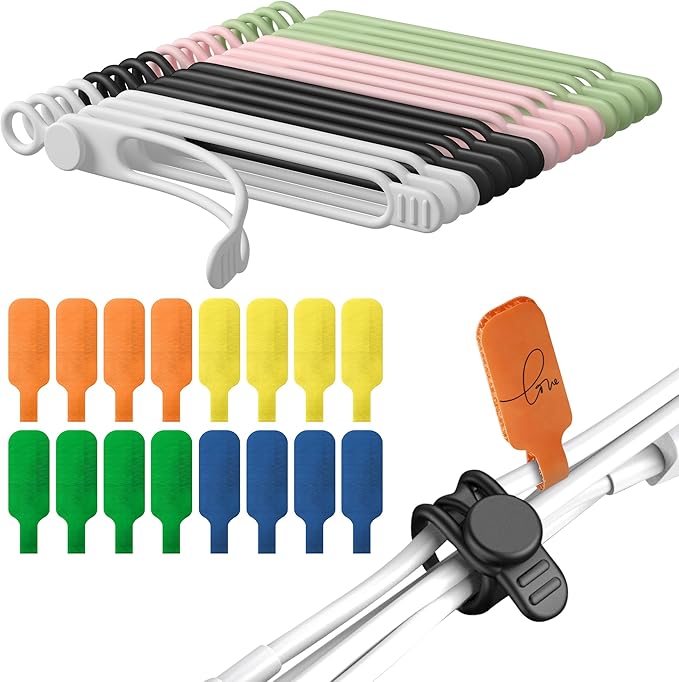 32Pcs Nearockle Cable Labels and Silicone Cable Ties Cable Management Set, Reusable 16 Cable Ties+16 Cord Labels for Electronics, Travel Home Office Desk Wire Organization (Multicolor)