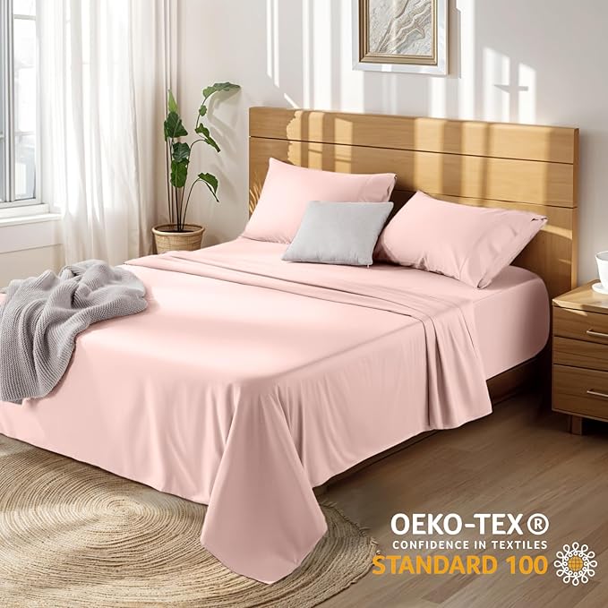 LBRO2M 100% Cotton Sheets Set Deep Pocket 19", 1000 Thread Count California King Size 4 Piece Bed Sheet Sets Soft Comfortable Bedding All Season (California King, Pink)
