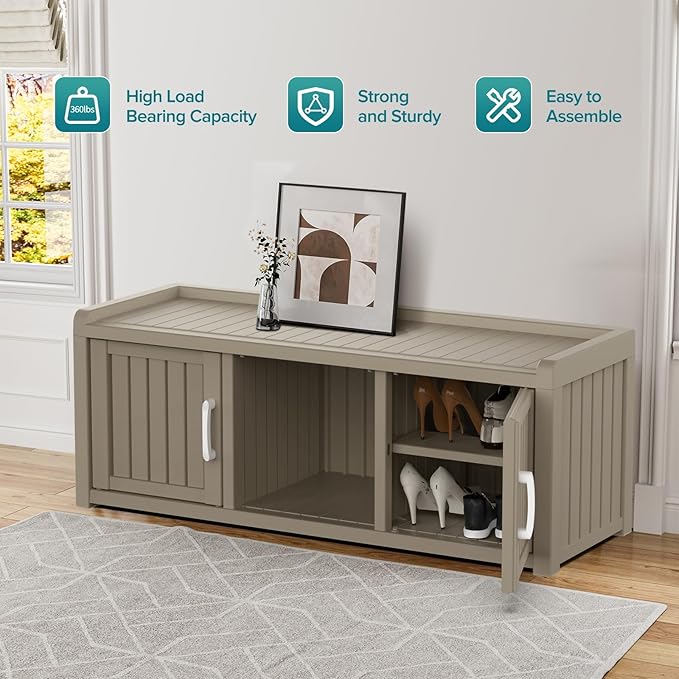 ROJIK Shoe Cabinet Waterproof UV-Resistant,Storage Bench Indoor Outdoor with Adjustable Shelves,for Entryway Bedroom,Hallway,Living Room(2 Door,Grey)