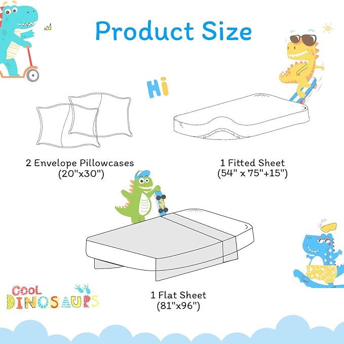 JSD Blue Dinosaur Kids Sheet Set Full Size, 4 Piece Sports Printed Microfiber Sheets Deep Pocket