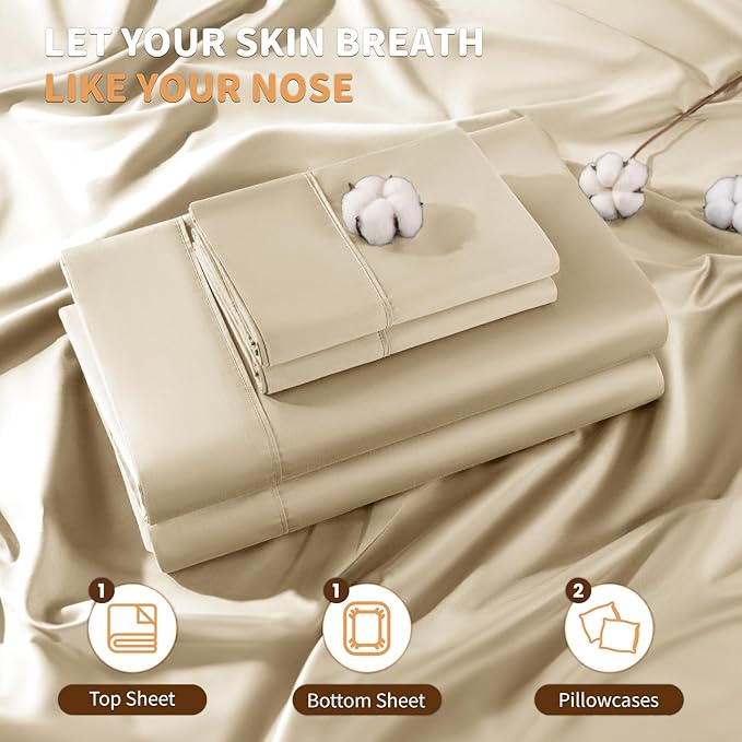 LBRO2M 100% Cotton Sheets Set Deep Pocket 19", 1000 Thread Count King Size 4 Piece Bed Sheet Sets Soft Comfortable Bedding All Season (King, Linen)