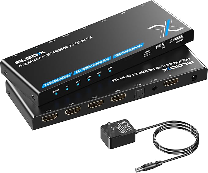4K HDMI Splitter 1x4 with Audio Extractor, Downscaler & EDID, 4K@60Hz HDR HDMI 2.0 18Gbps HDMI Duplicator with TOSLINK & 3.5mm Stereo Out, Support HDCP 2.2 for TV, PS5, Xbox, Roku, Projector, Switch2