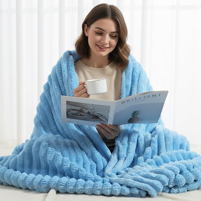 decorUhome Christmas Soft Fleece Blue Throw Blanket for Couch, Cozy Fluffy Plush Flannel Striped Blanket for Sofa Bed, Lightweight Decorative Ribbed Fuzzy Blanket for Woman, 50x60 Inches