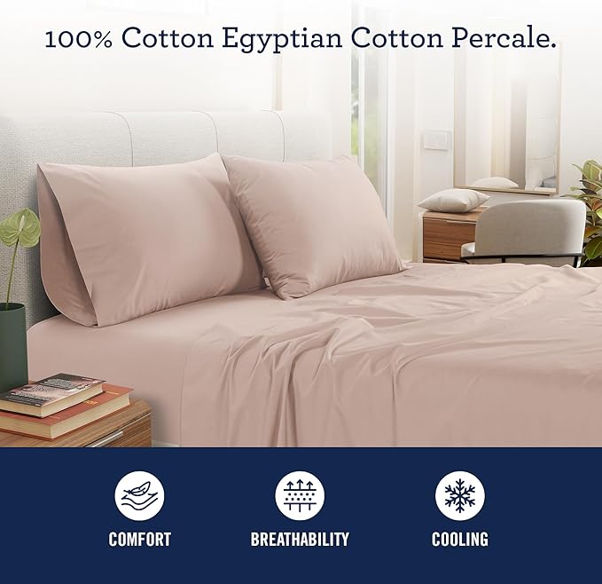 IZOD 100% Egyptian Cotton Sheets Set Twin XL Size, Cotton Percale Crisp Sheet Set 3Pc, Lightweight & Deep Pocket fits Upto 17", Long-Staple Soft Combed, Hotel Style Luxury Bedding Sheet - Blush Rose