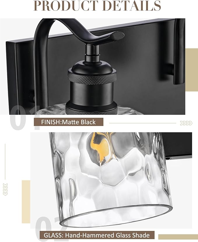 Bathroom Vanity Light Fixtures 4-Light Hammered Glass Modern Wall Mounted Over Mirror Black - VL01BKH-4