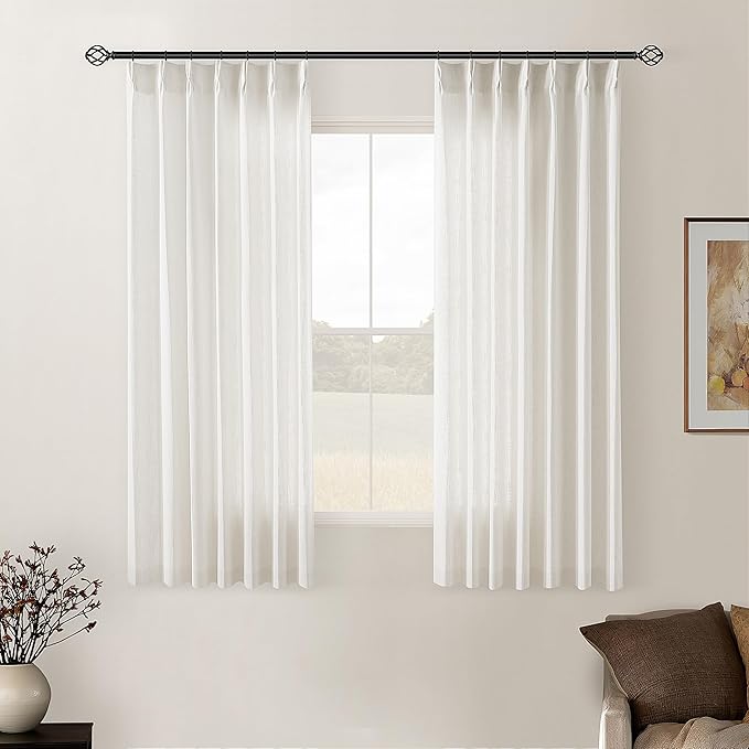 Natural Linen Kitchen Curtains 45 Inches Long 2 Sets Basement Curtains for Small Window Cream Ivory Pinch Pleated Back Tab Linen Blend Short Boho Semi Sheer Back Tab Drapes for Bay Windows 40x45