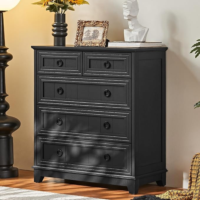 Farmhouse 5 Drawer Dresser for Bedroom, 33.2" Tall Small Dressers & Chest of Drawers, Rustic Wood Dresser with Metal Handle, Storage Organizer Closet for Living Room, Hallway, Entryway