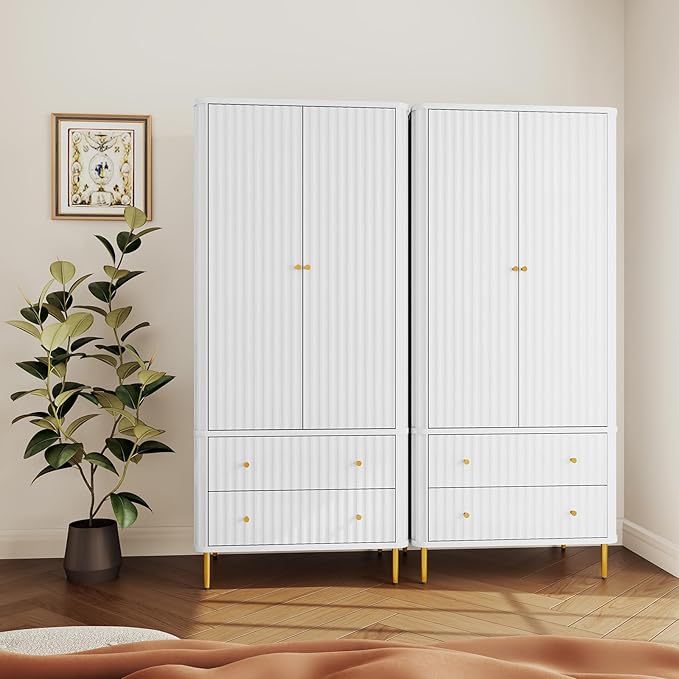 HLR 72" Modern Armoire Wardrobe Closet with Doors and Drawers, Bedroom Armoire Cabinet with Hanging Rod, Wooden Clothing Storage Cabinet Set of 2,White