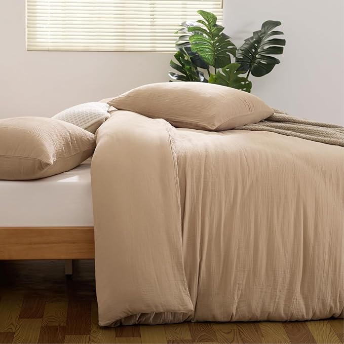 100% Sandwashed Cotton Duvet Cover Queen Size, Soft Queen Duvet Cover Set 3 Pieces with Zipper Clousre & Corner Buttons (Linen, Queen 90 x 90)