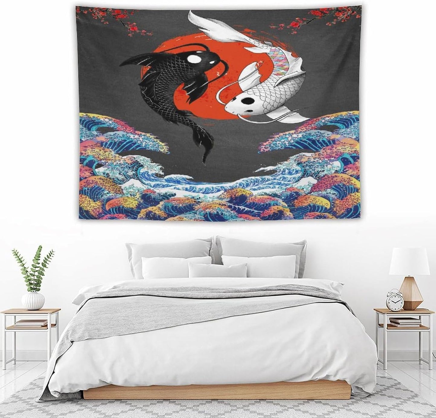 Houselerax Japanese Koi Fish Tapestries, Yin Yang Big Wave Cherry Blossom Tapestry Wall Hanging for Bedroom Living Room Office Decor 80"x60"