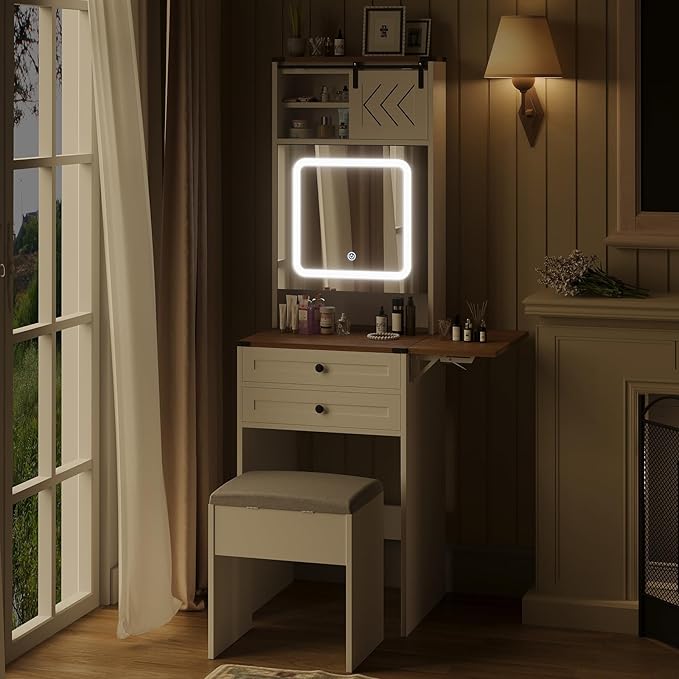 ARTETHYS Farmhouse Small Vanity Desk Set with Mirror Cabinet Mini Makeup Vanities Set with 3 Adjustable Lights and Storage Chair for Compact Space, White Dressing Table with Fold-up Panel