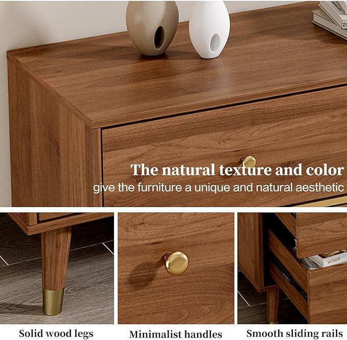 9 Drawer Dresser,63" Wide Mid Century Modern Chest of Drawers,Wooden Bedroom Drawer Dresser with 9 Storage Drawers for Bedroom, Living Room,with Anti-Tipping Device,Walnuts