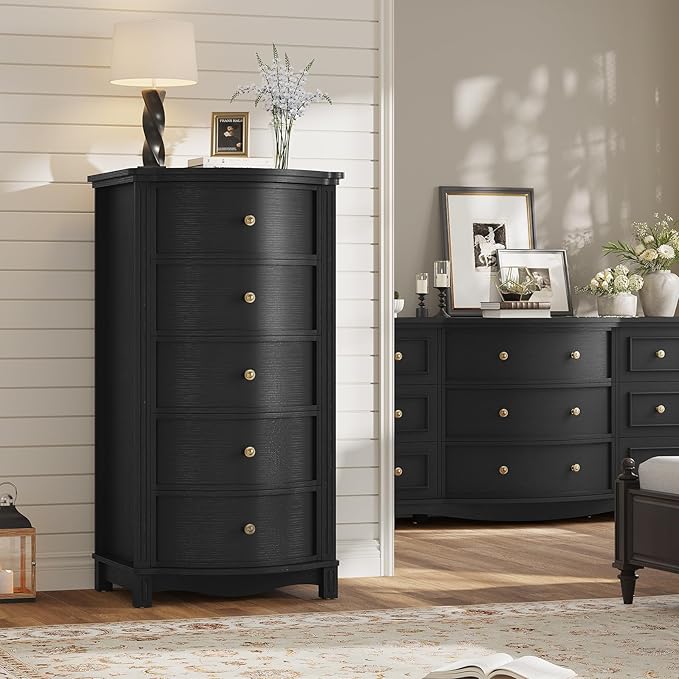 AuraCurve Tall 5-Drawer Chest, Elegant Dresser with Five Arc Fronts, Roman Column Decor, Slim Floor Standing Storage Cabinet, 48.6x23.6x15.7 Inches(Black, 5 Drawer)