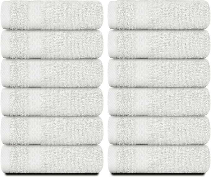 White Classic Luxury Cotton Washcloths 13x13 Inch - 650 GSM Turkish Cotton | Hotel, Spa, Bathroom Face Towel | 12 Pack, Silver