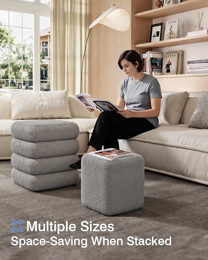 Square Set of 2 Sherpa Storage Ottoman Stool with Removeable lid,Load up to 440 lbs Footstool, Boucle Vanity Stool for Livingroom Bedroom Gray UASND69G