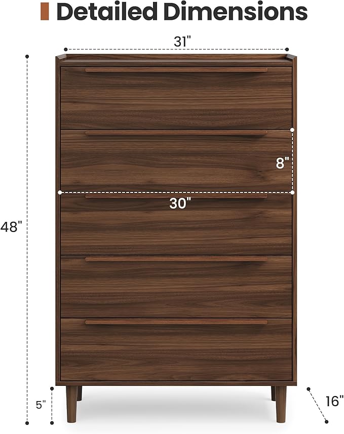 48" Tall Walnut Dresser for Bedroom, Mid-Century Modern 5 Drawer Chest of Drawers with Natural Wood Grain, Slim Vertical Storage Cabinet with Raised Edge Top, Anti-Tip Kit