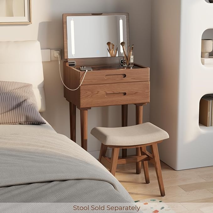 Solid Wood Small Vanity Desk with Mirror and Lights, Narrow Makeup Vanity for Small Space, Flip Top Vanity Side Table, 3 Color Modes & Adjustable Brightness, 19.6" Slim Dressing Table, Walnut