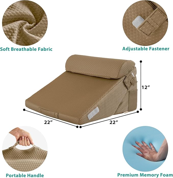 Bedluxe 3Pcs Orthopedic Bed Wedge Pillow Set, Foam Wedge Pillow Post Surgery for Back, Leg and Knee Support, Adjustable 9&12 Inch Folding Triangle Pillow for Sleeping, Acid Reflux, Snoring, Brown