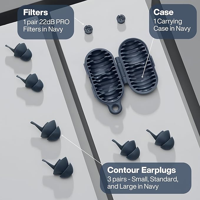 EarPeace Everyday Ear Plugs for Noise Reduction & Noise Control – High-Fidelity Earplugs, Comfortable & Reusable Earplugs for Travel, Sleep, Work, Snoring Blocking, Includes Carrying Case – (Navy)