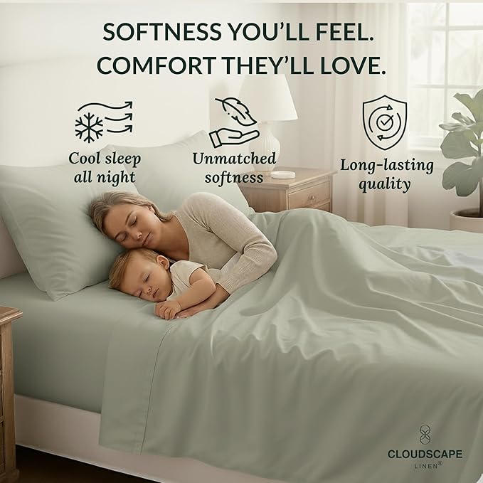 Cloud Scape Linen 100% Egyptian Cotton Sheets for Queen Size Bed, 400 Thread Count, 4 Pieces Bedding Set, Hotel Quality, Silky Soft, Deep Pockets up to 17”, Mineral