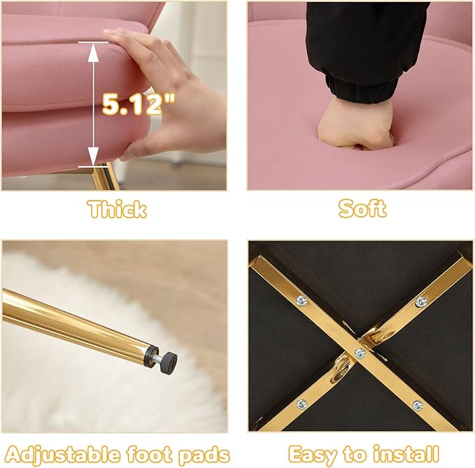 Velvet Vanity Chair with Back, Mid-Century Modern Small Accent Chair for Living Room, Golden Metal Legs Upholstered Makeup Chair, 1Pcs Bedroom Armchair, Pink