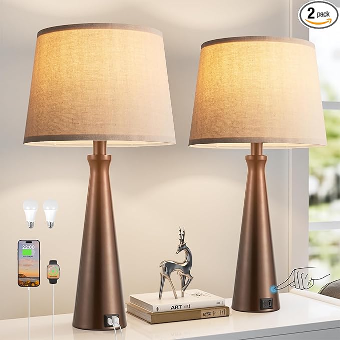 Seealle Modern Table Lamps Set of 2 - Touch Bedside Lamp for Nightstand with Dual USB C+A,3-Way Dimmable Brown Nightstand Lamps for Living Room Bedroom End Table with Oat Shade(Bulb Included)