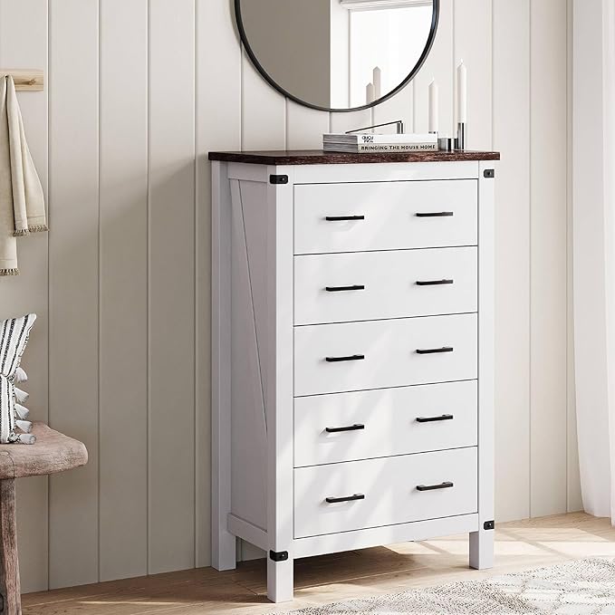 LINSY HOME Farmhouse 5 Drawer Dresser for Bedroom, 46” Tall Rustic Wood Chest with Deep Drawers, Modern Dressers with Spacious Storage and Metal Handles for Closet, Living Room, Hallway, Off White