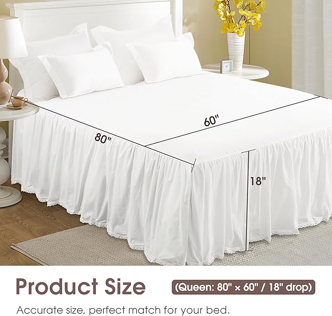 Queen Size 18" Drop - White Lightweight Cotton Bed Skirt with Crochet Edge - Dust Ruffle Whth Split Corner - Soft, Elegant, Breathable Bedding Accessory