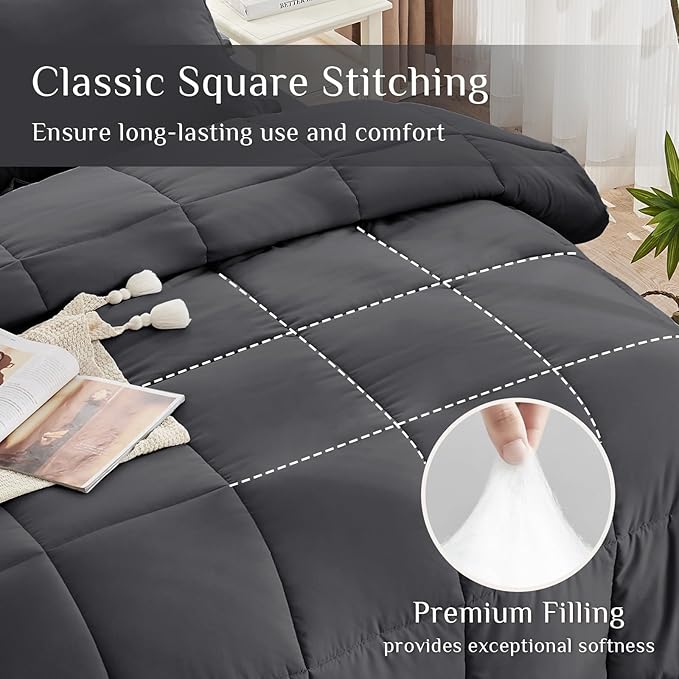 JOLLYVOGUE Queen Comforter Set, Ultra-Soft Bed in a Bag Queen Size 7 Pieces, Oeko-TEX Certified Bedding Set with Down Alternative Comforter, Sheets, Pillowcases & Shams, Dark Grey