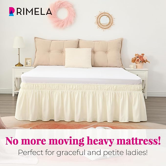 RIMELA Cream Bed Skirt King Size 15 Inch Drop, Elastic Bed Skirting for Bed Base and Frame, Lightweight Wrap Around Adjustable Bedskirt, Bedding Dust Ruffle Easy to Install
