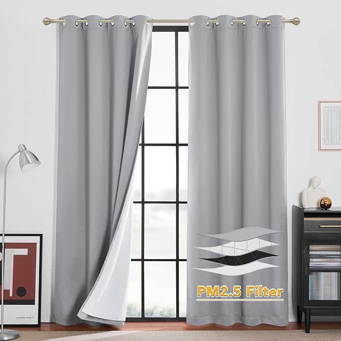 RYB HOME 4-in-1 Dust Filtering Soundproof Blackout Insulating Privacy Window Curtains for Nursery Bedroom Living Room Rivider Sound Absorption Sheet, Silver Grey, W52 x L84 inch, 2 Panels