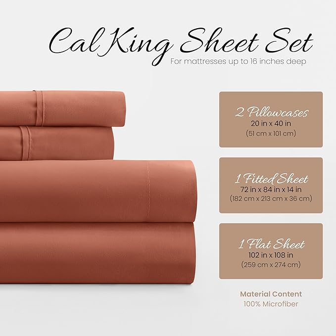 Linen Market Bed Sheets for California King Size Bed (Clay) - Sleep Better Than Ever with These Soft and Cooling California King Sheets - Deep Pocket Fits 16" Thick Beds - 4 Piece Cal King Sheet Set