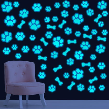 127 Glow in The Dark Dog Paw Stickers Luminous Removable Vinyl Wall Decals for Kids Nursery Bedroom(Blue Light)