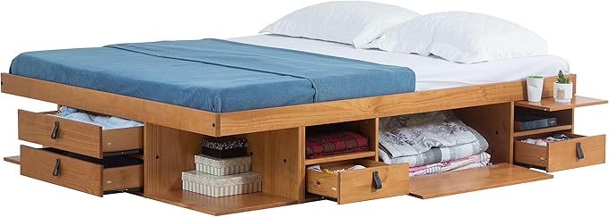 memomad Bali Storage Platform Bed with Drawers (Queen Size, Oak Brown Wood)