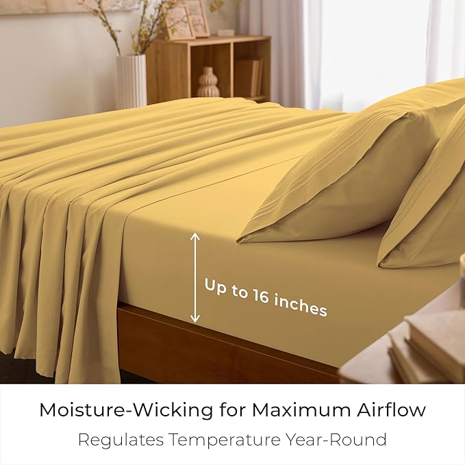 Mellanni Full Sheet Set - 6-Piece Iconic Collection Bedding, (Including 4 Pillowcases), 16-Inch Deep Pocket, Easy Care, Extra Soft, Cooling Sheets, Brushed Microfiber - Yellow