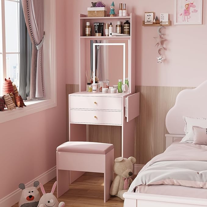 ARTETHYS Small Vanity Desk Set with 3 Adjustable Lighted Mirrors and Lights, Pink Makeup Vanities Set for Compact Space with Storage Stool White Dressing Table with Fold-up Panel for Bedroom