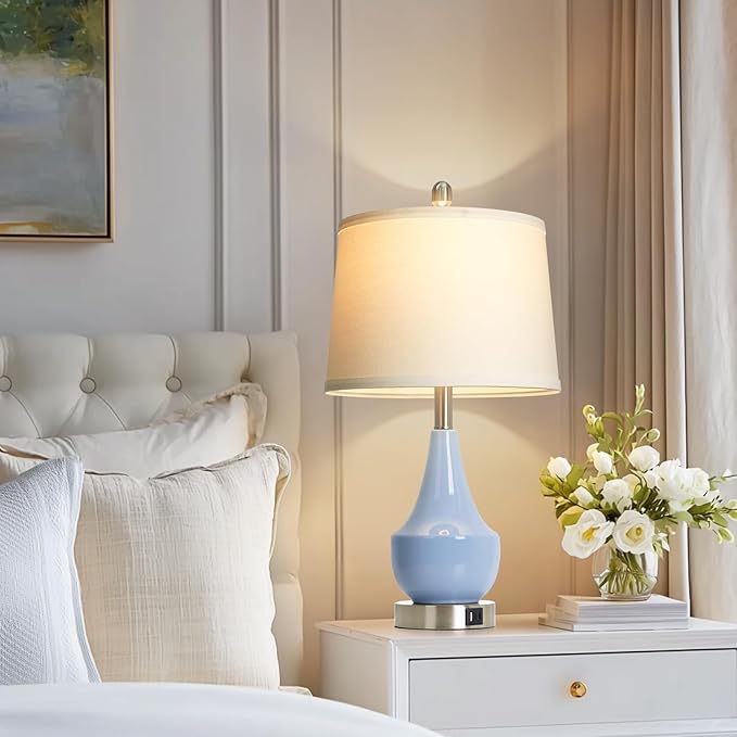 Modern Blue Table Lamp Set of 2, 24" Ceramic Table Lamp with USB A+C Ports,Classic Beside Lamps Nightstand Lamp Modern Lamp for Living Room, Bedroom & Office -LED Bulbs Included