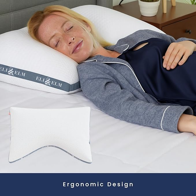 Eli & Elm | Best Ergonomic Side Sleeper Pillow for Neck Pain. Supportive Cooling Memory Foam Fill with Luxury Breathable Cover. U-Shape Contoured Design. Queen Size Bed Pillow & Pillowcase