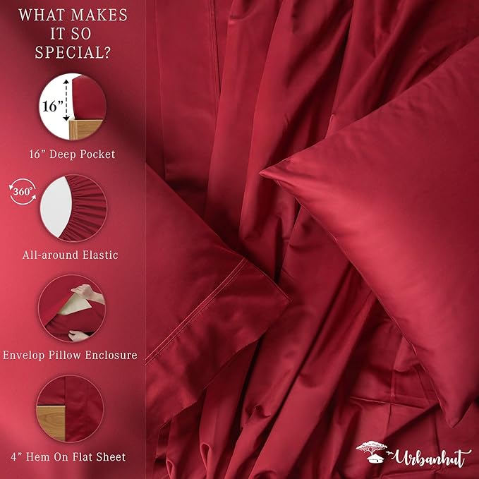 URBANHUT 800 Thread Count 100% Cotton Queen Size Sheets, Luxury 4 Piece Queen Bedsheets, Hotel Sheets Sateen Finish - Better Than Egyptian, 16" Elasticized Deep Pocket - Burgundy