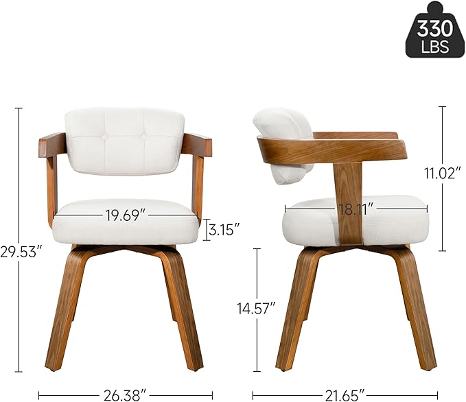Art Leon Modern Dining Chairs - Set of 2 Mid Century Dining Chairs Fabric Upholstered Swivel Chairs Comfy Desk Chair No Wheels Accent Arm Chair for Kitchen Living Room Study, Off White/Walnut