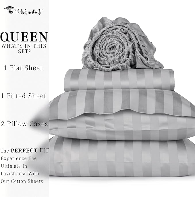 URBANHUT 800 Thread Count 100% Cotton Damask Queen Size Sheets, 4 Piece Striped Queen Size Bedsheets, Luxury Hotel Sheets Sateen Weave - Better Than Egyptian, 16" Elasticized Deep Pocket- Silver Grey