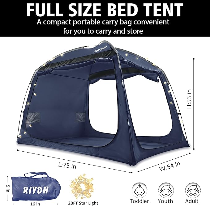 Bed Tent Bed Canopy Breathable 100% for Adult and Kids- Original Design Light Reduction 93% Sleeping Dream Tents Indoor Portable Big Space with String Light 3 Doors Twin Full Queen King Size