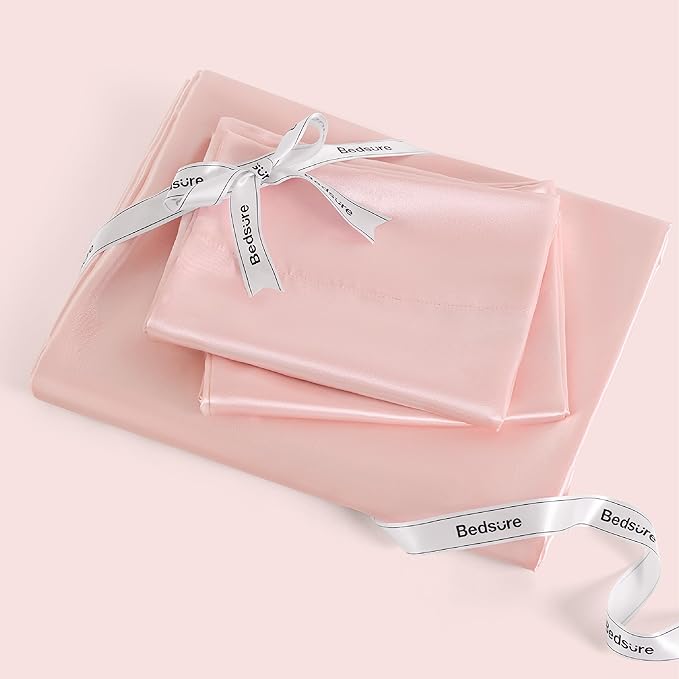 Bedsure Pink Satin Sheets Cal King Size - 4 Piece Silky Bedsheets with 15 Inches Deep Pocket Fitted Bedsheet,1 Flat Sheet, 2 Satin Pillowcases, Good for Hair & Skin (Cal King, Pink)