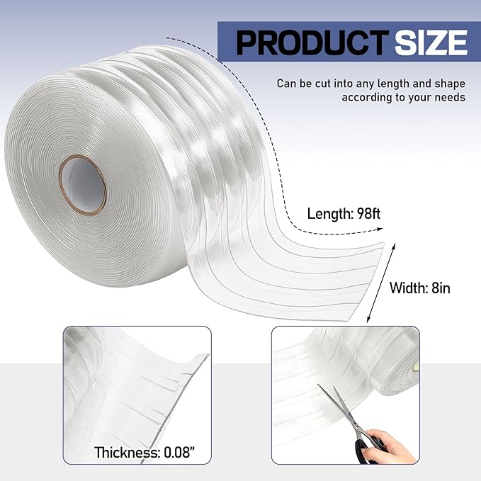 Moukeren Plastic Door Curtain for Winter 100 ft x 8 Inch Thermal Insulated Garage Door Strip Curtains Smooth Waterproof Clear PVC Strip Curtain for Warehouse Freezer, 0.08" Thickness(Striped)
