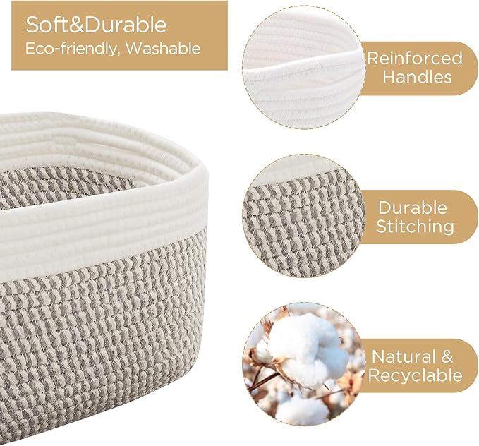 Small Cotton Rope Basket – Storage Bin for Organizing (10.6" x 6.7" x 6.7"), Bathroom Storage Basket for Shelf, Counter & Closet（White & Mixed Grey）