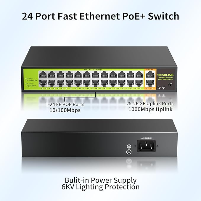 POE Switch with 24 Port POE + 2 Gigabit Uplink,802.3af/at PoE+ 100Mbps, 400W Built-in Power,Unmanaged, Extend to 250M for Security Camera System, AP, IP Phone.